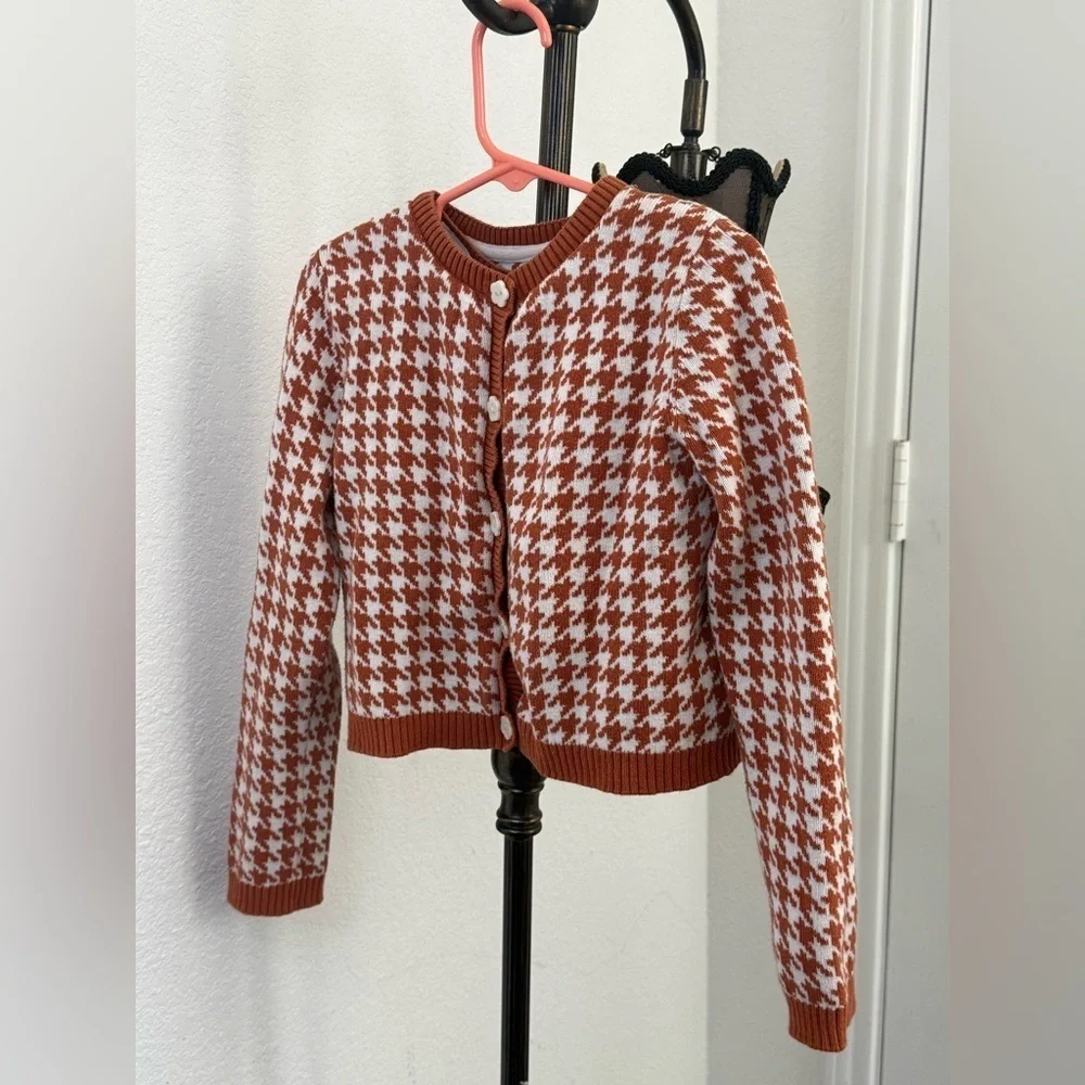 Sincerely Jules Kids Houndstooth Cardigan and Sleeveless Top Set Rust and White